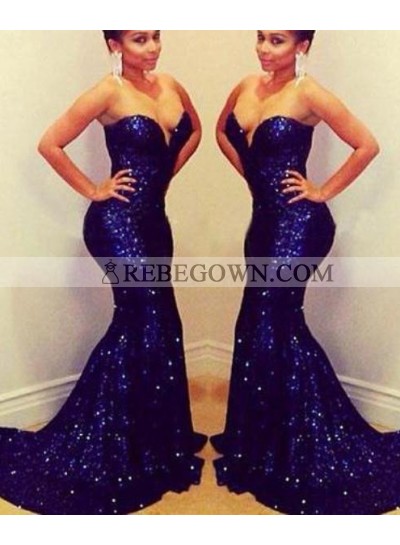 rebe gown 2023 Blue Long Floor length Sweetheart Mermaid Sequined Prom Dresses