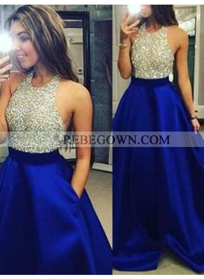 rebe gown 2023 Blue Beading Halter A-Line Satin Prom Dresses