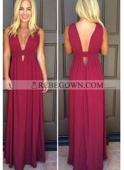 Burgundy Long Floor length V-Neck A-Line Chiffon Prom Dresses
