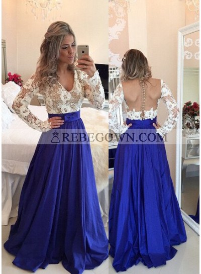 Royal Blue Prom Dresses A-Line V-Neck Backless Taffeta