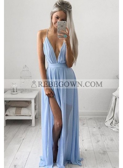 rebe gown 2023 Blue Prom Dresses Long Floor length A-Line Spaghetti Straps Chiffon