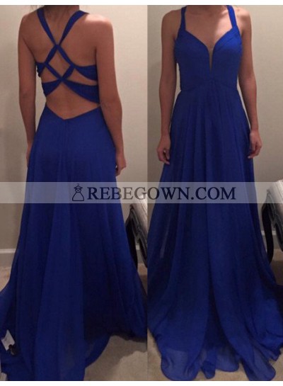 Royal Blue Prom Dresses A-Line Criss Cross Backless Chiffon