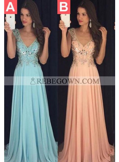 rebe gown 2023 Blue Prom Dresses Long Floor length A-Line V-Neck Sequins Chiffon