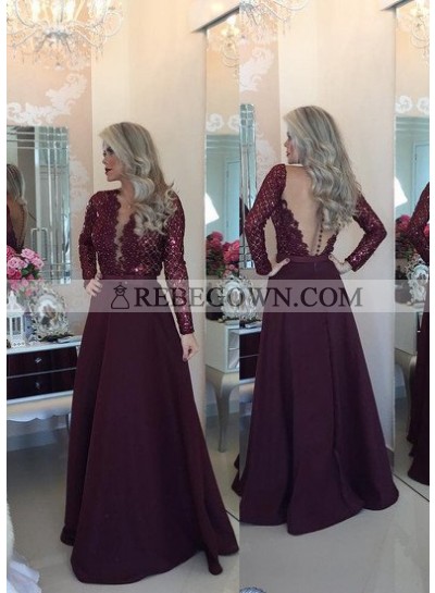Burgundy Prom Dresses Long Floor length A-Line V-Neck Lace Spliced  Satin