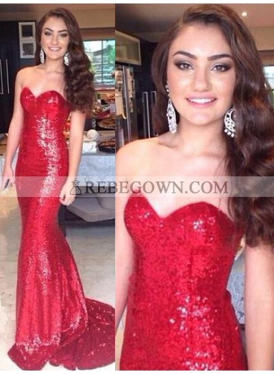 2023 Gorgeous Red Long Floor length Sweetheart Mermaid Sequined Prom Dresses