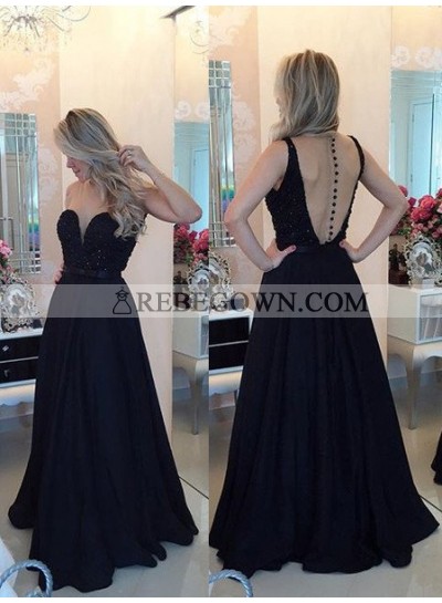 2023 Junoesque Black Beading A-Line Satin Prom Dresses