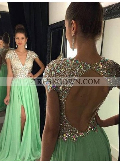 Long Floor length A-Line V-Neck Sequined Chiffon Teal Prom Dresses