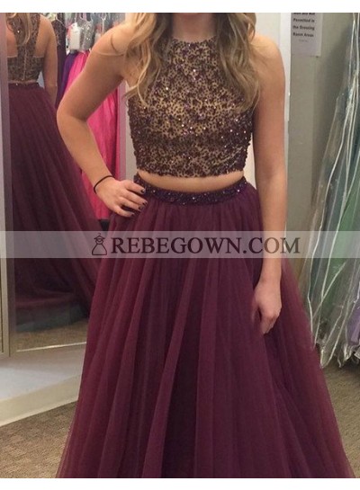 Long Floor length A-Line Sequins Tulle Prom Dresses