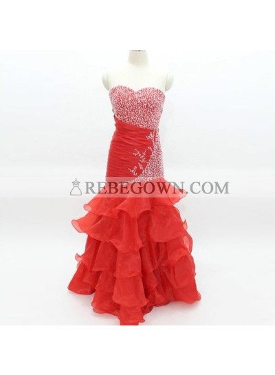 2023 Gorgeous Red Long Floor length Mermaid Sweetheart Chiffon Prom Dresses