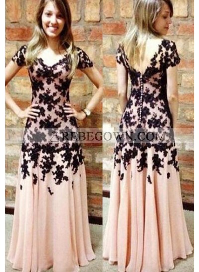 Appliques Short Sleeves A-Line Chiffon Pearl Pink With 2023 Junoesque Black Prom Dresses