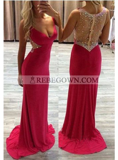 2023 Gorgeous Red Beading Deep V-Neck Sweep Train Stretch Satin Prom Dresses