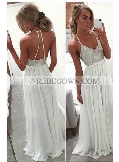 2023 Unique White Column/Sheath Spaghetti Straps Sleeveless Natural Backless Long Floor length Chiffon Prom Dresses