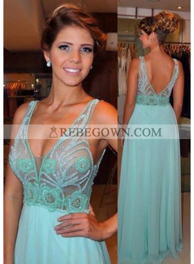 V-Neck Beading Sleeveless Zipper Chiffon rebe gown 2023 Blue Prom Dresses