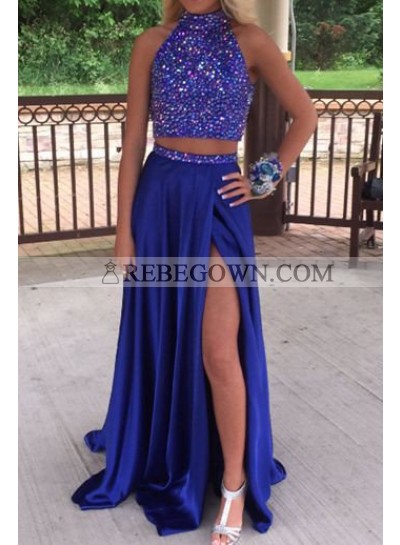 rebe gown 2023 Blue Beading High-Slit Stretch Satin Two Pieces Prom Dresses