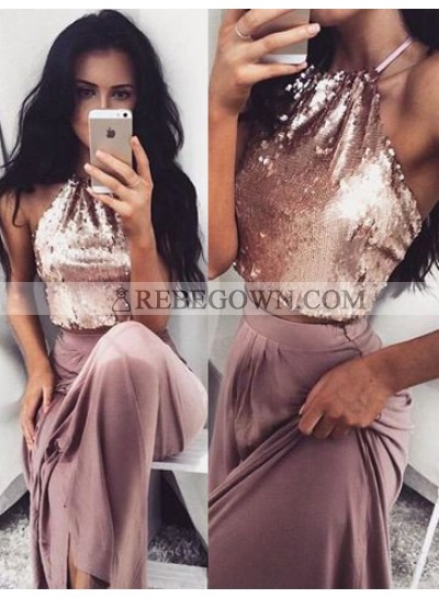 Halter A-Line Sequined Prom Dresses