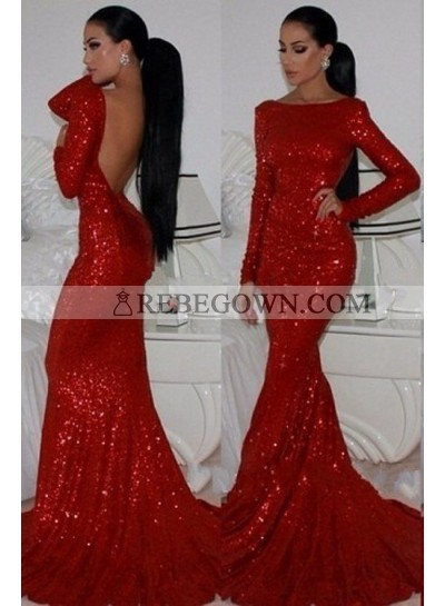 2023 Gorgeous Red Long Sleeve Backless Mermaid Sequined Prom Dresses