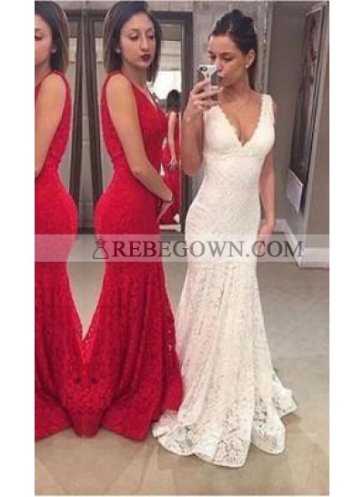 Mermaid V-Neck Sleeveless Natural Sweep/Brush Train Lace 2023 Gorgeous Red/ White Prom Dresses
