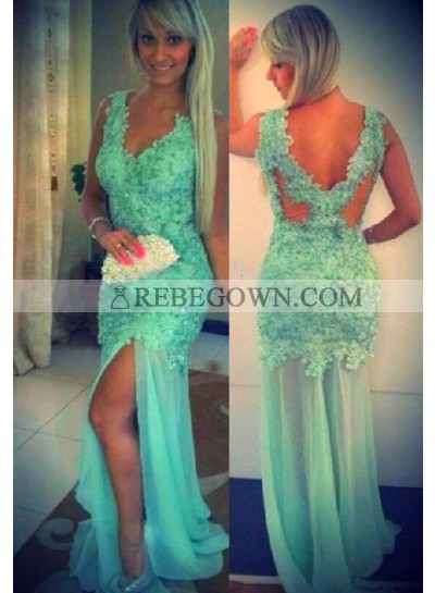 rebe gown 2023 Blue Mermaid V-Neck Sleeveless Natural Appliques Tulle Prom Dresses