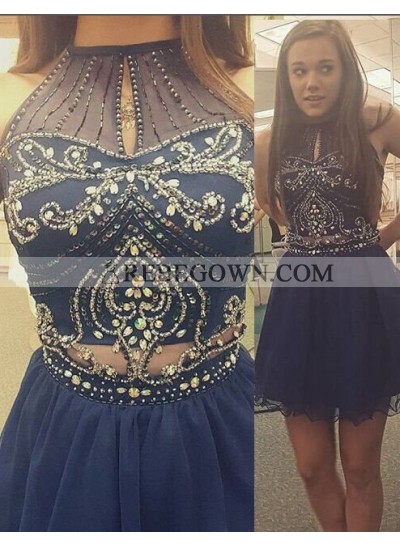 rebe gown 2023 Blue Beading High Neck Zipper Short Prom Dresses