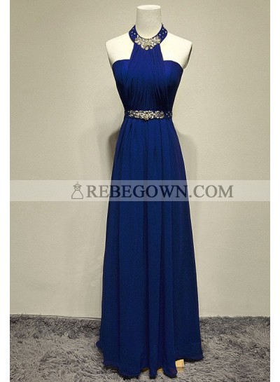 rebe gown 2023 Blue Beading Halter A-Line Chiffon Prom Dresses