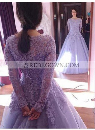 Lace Long Sleeve A-Line Tulle Prom Dresses