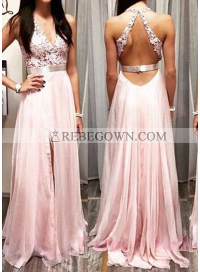 Appliques Front-Slit Chiffon Prom Dresses 2023 Glamorous Pink