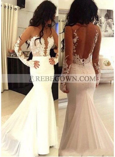 2023 Unique White Mermaid Long Sleeve Natural Zipper Appliques Prom Dresses