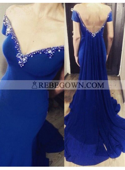 rebe gown 2023 Blue Mermaid Off-the-Shoulder Sleeveless Natural Backless Chiffon Prom Dresses
