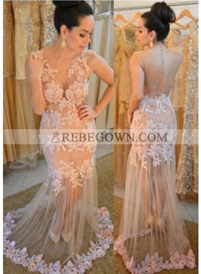 Mermaid V-Neck Long Sleeve Natural Zipper Tulle Pearl Prom Dresses