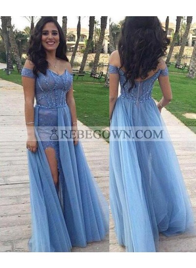 A-Line Off-the-Shoulder Sleeveless Natural Zipper Long Floor length Tulle rebe gown 2023 Blue Prom Dresses