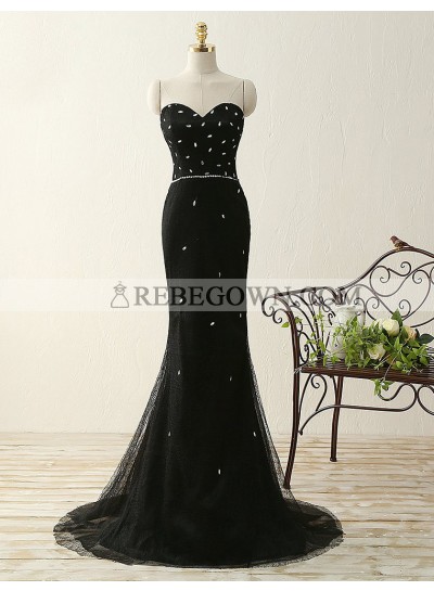 2023 Junoesque Black Beading Sweetheart Mermaid Tulle Prom Dresses