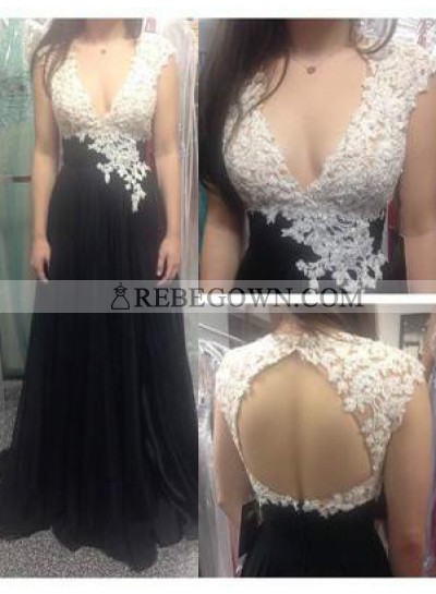 A-Line V-Neck Sleeveless Natural Backless  Chiffon 2023 Junoesque Black Prom Dresses