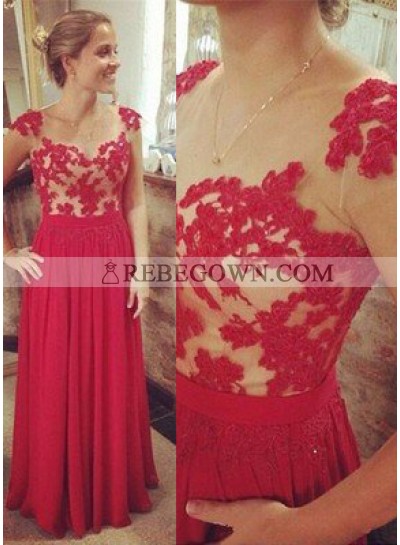 2023 Gorgeous Red A-Line Capped Sleeves Natural Zipper Long Floor length Chiffon Prom Dresses