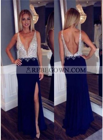 rebe gown 2023 Blue Shinning Deep V-Neck Open Back Side Slit Fashion Popular Party Newest Prom Dresses
