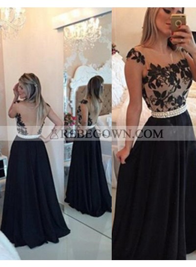 2023 Junoesque Black A-Line Straps Beading Backless Chiffon Prom Dresses