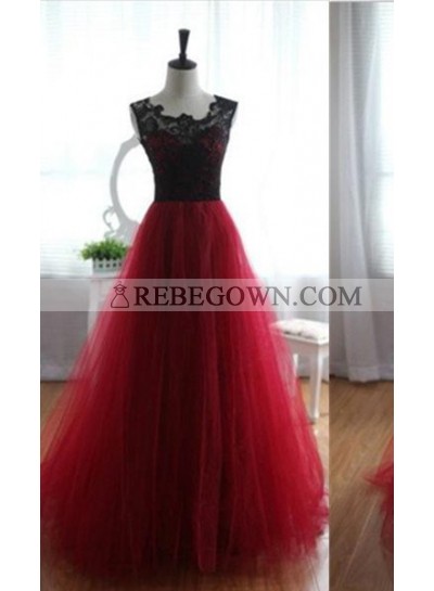 A-Line Notched Sleeveless Empire Long Floor length Tulle Prom Dresses
