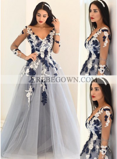 rebe gown 2023 Blue Sheer Sleeves Appliques A-Line Tulle Prom Dresses