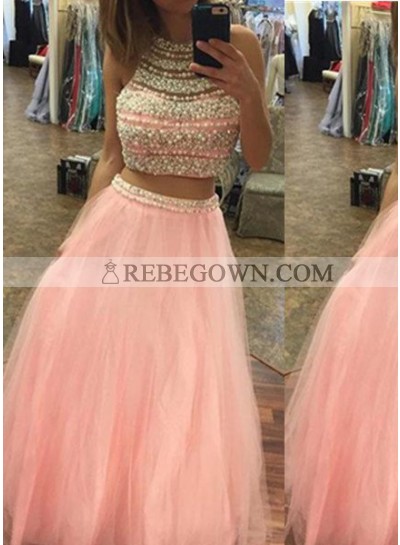 Halter Beading A-Line Tulle Two Pieces Prom Dresses