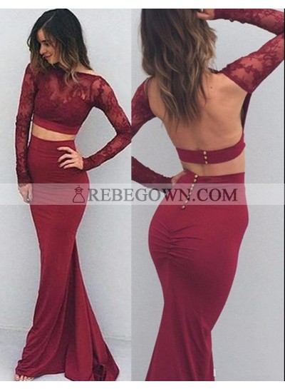 Burgundy Long Sleeve Mermaid Stretch Satin Two Pieces Prom Dresses
