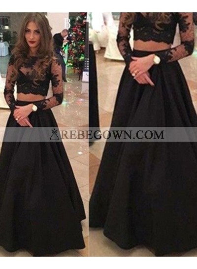2023 Junoesque Black Long Sleeve A-Line Lace Two Pieces Prom Dresses