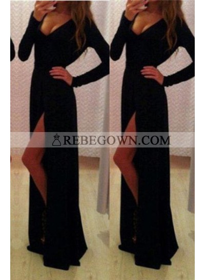 2023 Junoesque Black Prom Dresses Long Floor length A-Line V-Neck Split Front Spandex
