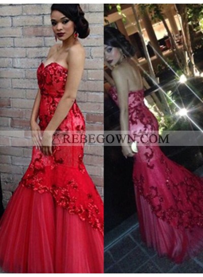 2023 Gorgeous Red Beading Sweetheart Appliquues Mermaid Tulle Prom Dresses