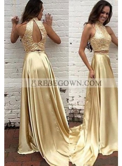 Sequins High Neck Sweep/Brush Train A-Line Satin Gold Prom Dresses