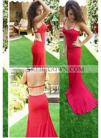 2023 Gorgeous Red Column/Sheath Spaghetti Straps Sleeveless Natural Backless Long Floor length Prom Dresses