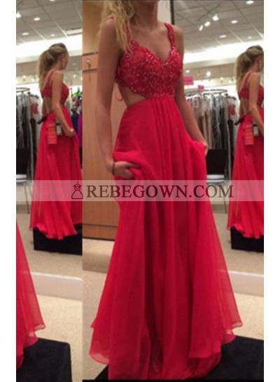2023 Gorgeous Red A-Line Spaghetti Straps Sleeveless Sweep/Brush Train Chiffon Prom Dresses