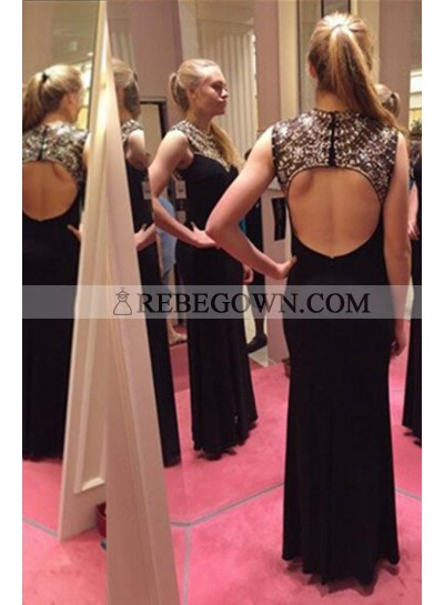 2023 Junoesque Black A-Line Sleeveless Natural Backless Long Floor length Chiffon Beading Prom Dresses