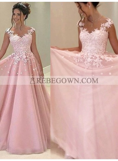2023 Glamorous Pink Appliques V-Neck A-Line Tulle Prom Dresses