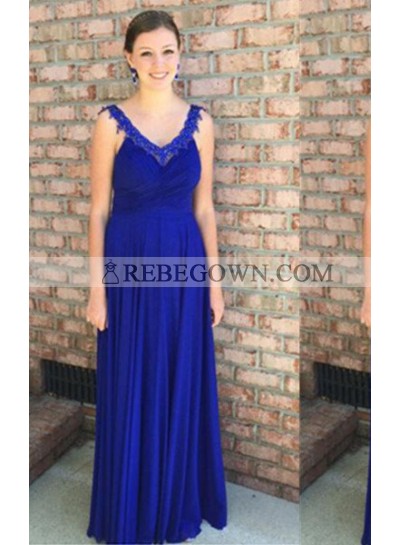 rebe gown 2023 Blue A-Line V-Neck Sleeveless Natural Zipper  Long Floor length Chiffon Prom Dresses