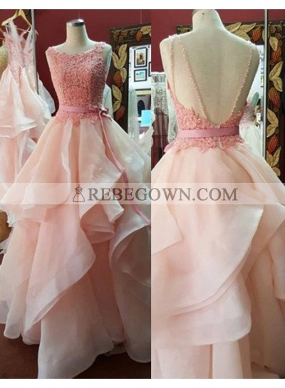 Sleeveless Round Neck Layers Long Floor length Backless A-Line Prom Dresses