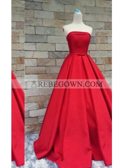 2023 Gorgeous Red Long Floor length A-Line Strapless Long Floor length Satin Prom Dresses